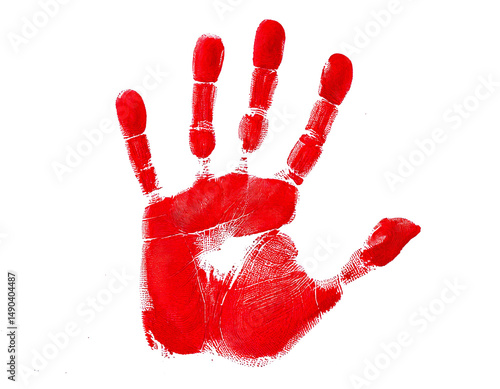 Hand, print, red, separated, white, background — this striking, natural photograph captures a vivid red hand print isolated on a clean white surface, ideal for design, presentations, and creative visu