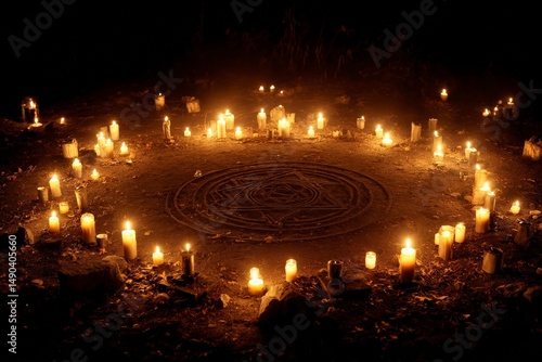Candlelit ritual circle with glowing symbols at night.