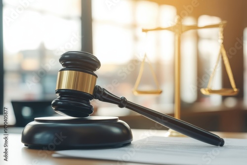Elegant Wooden Gavel and Scales of Justice in Modern Law Office with Soft Natural Lighting Symbolizing Fairness, Authority, and Legal Profession