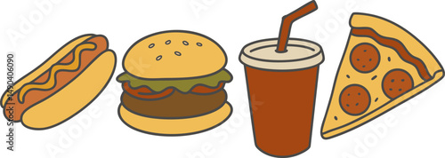 Cute cartoon-style fast food icon set including a hot dog, hamburger, soda cup with a straw, and a slice of pepperoni pizza. Simple outline style with warm colors, American fast food theme.