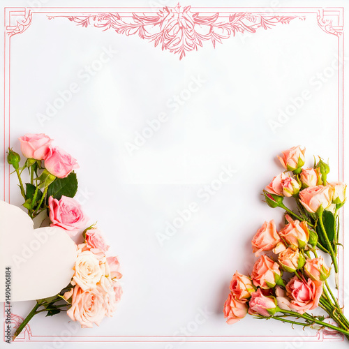 A floral arrangement featuring pink and peach roses with a heart-shaped cutout.