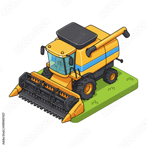 Yellow combine harvester parked on green grass field