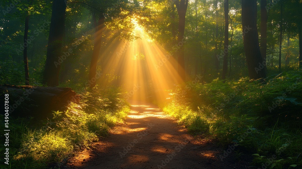 Obraz premium Sunbeams Illuminating a Forest Path