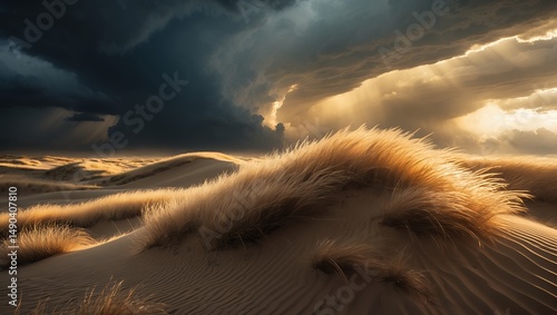 Desert landscape with sand dune and dramatic sky