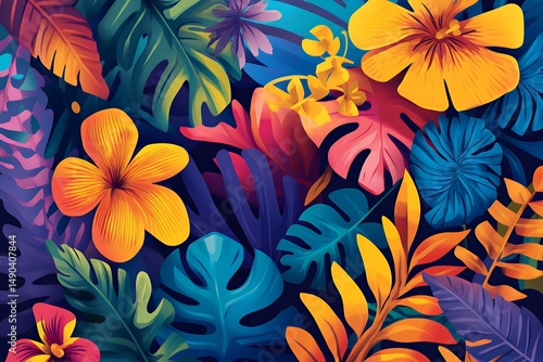 Vibrant tropical foliage featuring colorful hibiscus flowers and monstera leaves in shades of yellow, orange, pink, blue, and green against a dark background. © fetmala