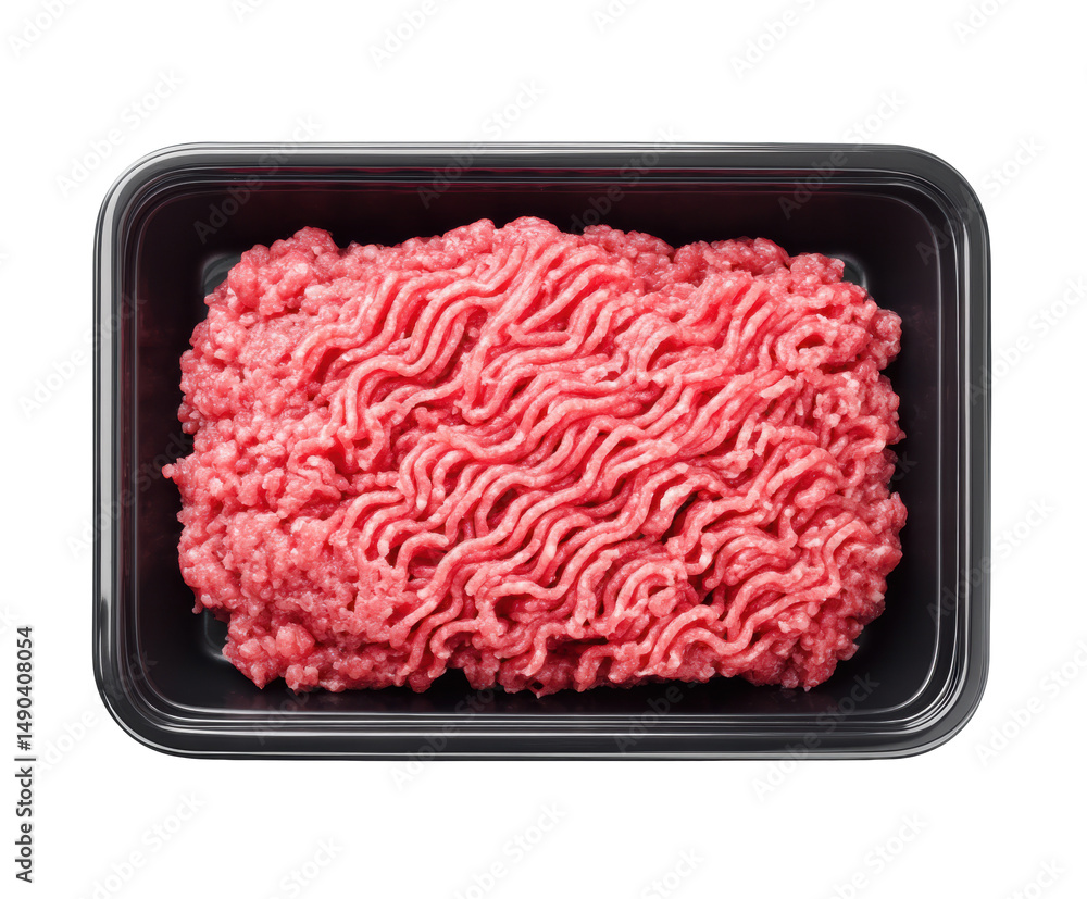 Ground beef in tray ready for cooking and meal preparation on a transparent background, cut out Ground beef in tray ready for cooking and meal preparation on a transparent background, cut out