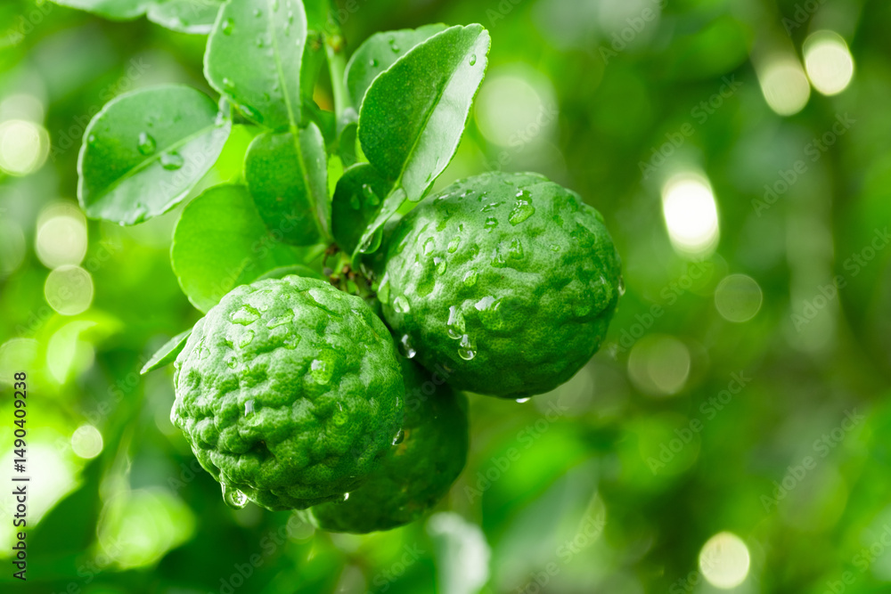 Fototapeta premium Bergamot, Fresh green bergamot fruit hanging from branch. bergamot tree garden and healthy food concept, group of bergamot,Bergamot medicinal plants with many
