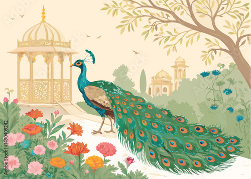 Royal Peacock with Floral Garden and Golden Pavilion – Vector Illustration