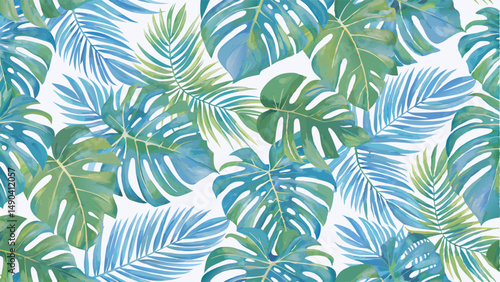 Vibrant Tropical Leaf Pattern for Design Inspiration. A seamless pattern featuring various tropical leaves in shades of teal, turquoise, and green.