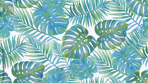 Tropical Leaf Pattern with Vibrant Teal and Green Hues. A seamless pattern featuring various tropical leaves, including vibrant teal and green monstera leaves and palm fronds.