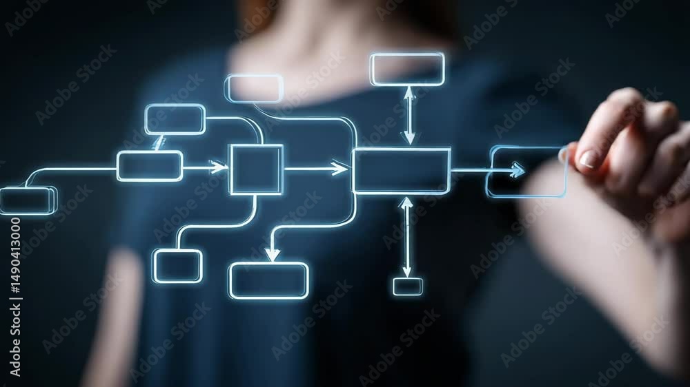 Woman's hand pointing at a workflow diagram.