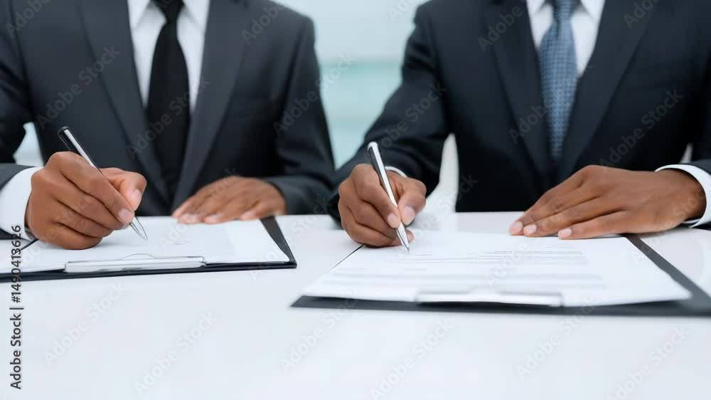 Two men in suits signing documents. Two men in suits signing documents.