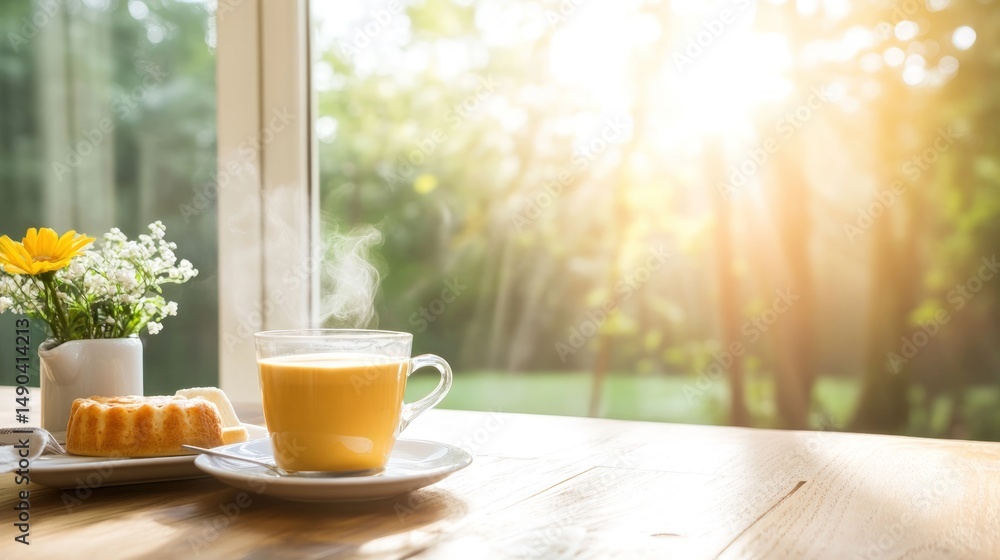 Morning refreshment cup of tea and cake in sunlight Morning refreshment cup of tea and cake in sunlight