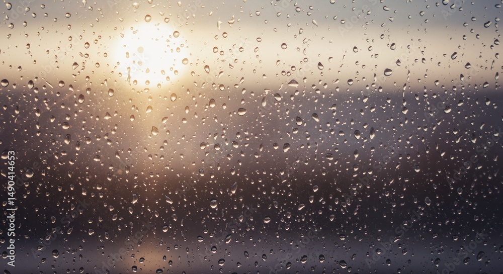 Obraz premium Raindrops on glass with sunset view in soft, warm colors 