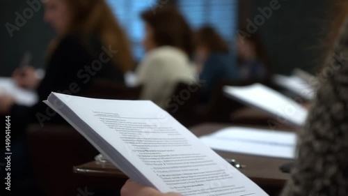 People reading documents in a meeting room.