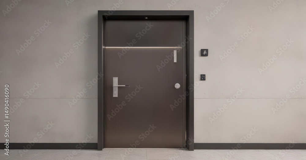 Sleek minimalist lobby door with integrated service bell, modern design , design, lines Sleek minimalist lobby door with integrated service bell, modern design , design, lines