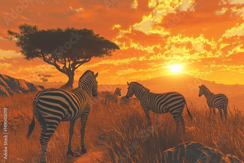 A group of zebras in the African savanna against an orange sunset sky with clouds, a tree, and rocks in the background. Real photograph. 