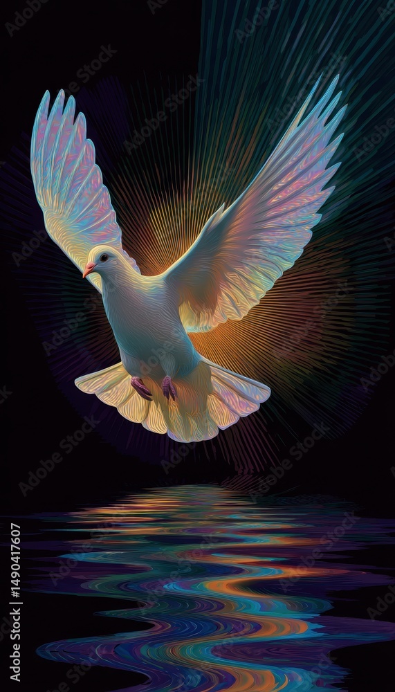 Fototapeta premium Iridescent White Dove in Flight Over Dark Water, Abstract Digital Art