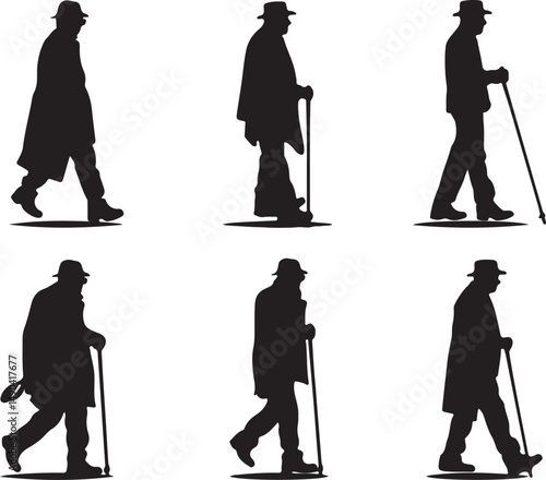 Silhouette Vector Art of Elderly Man Walking with Cane: Illustration of Senior Citizen with Hat and Coat in Black and White Graphic Design
