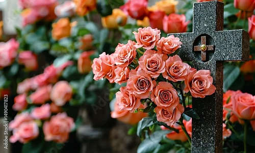 Pink roses bouquet next to a dark grey cross in a cemetery.