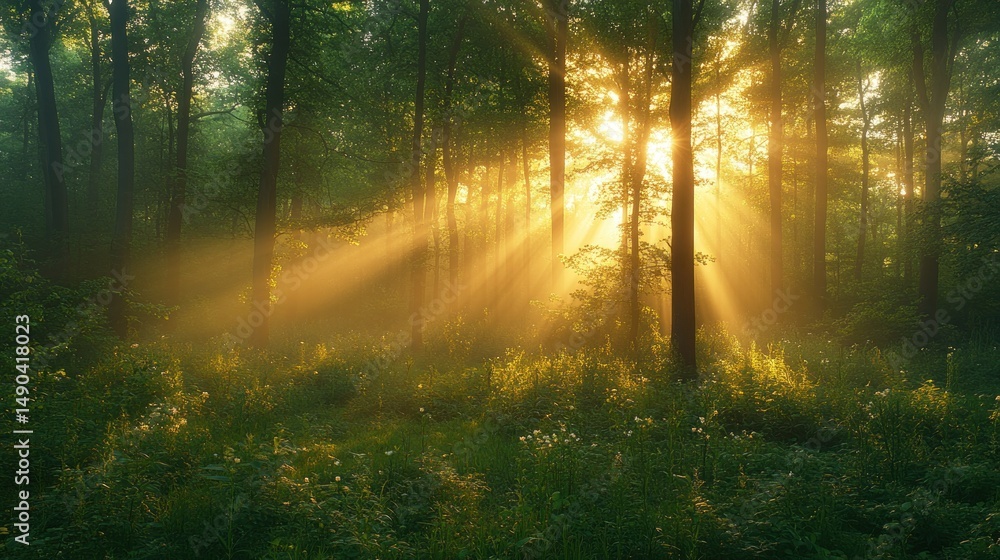 Naklejka premium Sunbeams Through the Mystic Forest