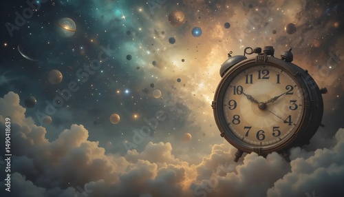 Vintage Alarm Clock Suspended in a Dreamy Space Above Clouds