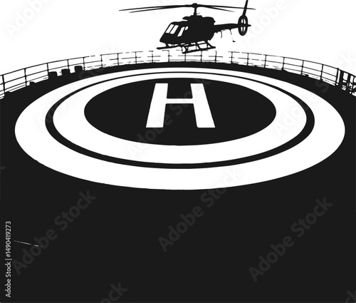 Silhouette of a Helicopter Landing on a Helipad
