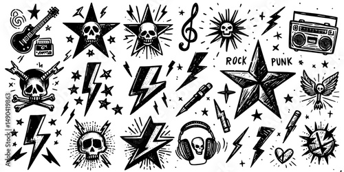 Bold Illustrations of Punk and Rock Culture, Illustrations capturing the edgy essence of rock and punk, including cassette tapes, microphones, and stars.