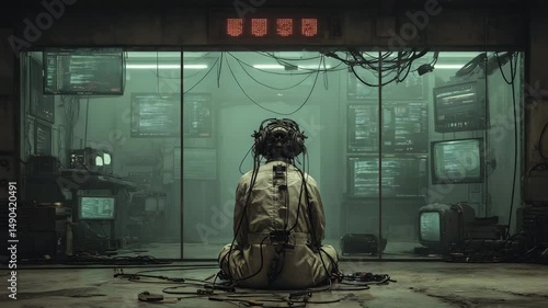 Illustration of a dark tech lab, wires dangling as a figure connects to a virtual unknown