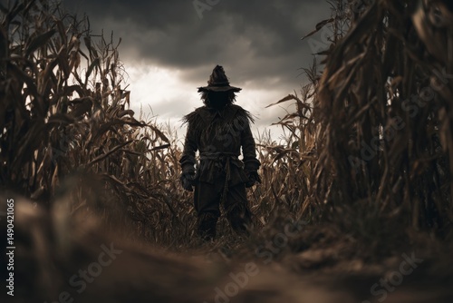 Eerie scarecrow figure in dark, stormy cornfield.