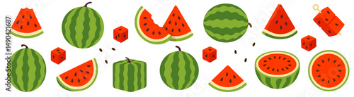 Large collection of whole and sliced watermelons in various shapes, including round and square fruits, with seeds on white background, perfect for food, summer, or fruit design themes