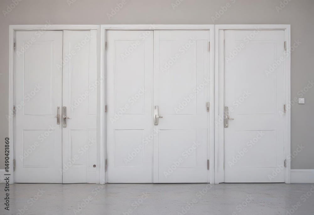 Fototapeta premium Series of white doors, various states, bright setting , design, interior