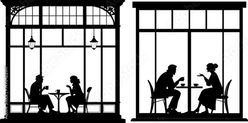 Café Window Scenes with Couples Silhouette Illustration