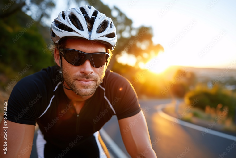 Man riding bicycle outdoors during scenic sunset on a road, athlete training for endurance race on journey, concept of healthy active lifestyle and sport. Man riding bicycle outdoors during scenic sunset on a road, athlete training for endurance race on journey, concept of healthy active lifestyle and sport.