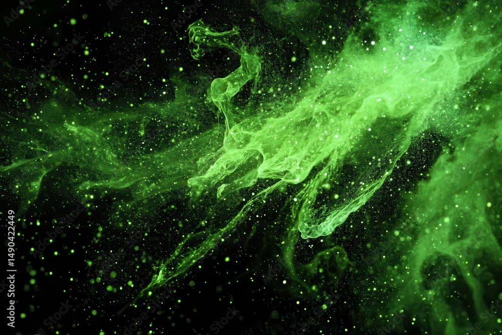 Obraz premium Abstract green nebula space background with glowing particles