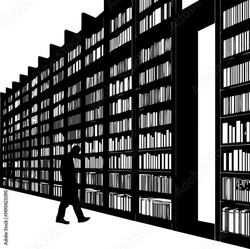  Vast Library Interior with Bookshelves Silhouette Illustration