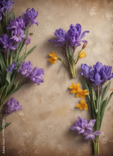 Close-up of blooming hyacinths and crocuses on aged paper  , nature, background