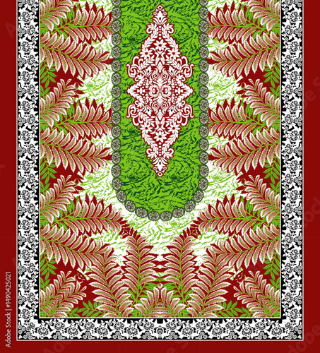 Bold Red & Green Mughal Floral Panel – Striking Fern Medallion Fabric Print for DIY Fashion & Decor, Perfect for ethnic fashion garments, kurta fabrics, home decor pieces, and more.