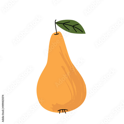 Minimal flat pear illustration with a warm golden color and single green leaf. Great for eco friendly packaging, food blogs, or seasonal graphics. Vector illustration