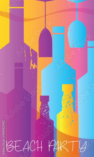 Beach party, alcohol bottle set, glasses, lettering. Vector flat design, bright colors, white wine, merlot, liqueur