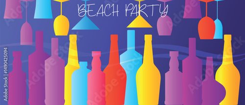 Beach party, alcohol bottles set, glasses, red wine, cocktail, martini. Flat design, gradient, whiskey bottles, rum, drinks, bar poster, sommelier, tasting