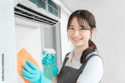 エアコン掃除中の女性作業員。家事代行サービスのビジネスイメージ。