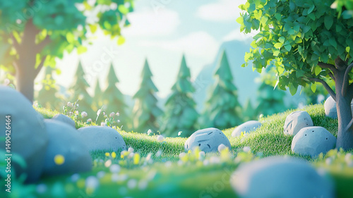 serene landscape featuring trees, rocks, and grass, evoking peaceful atmosphere