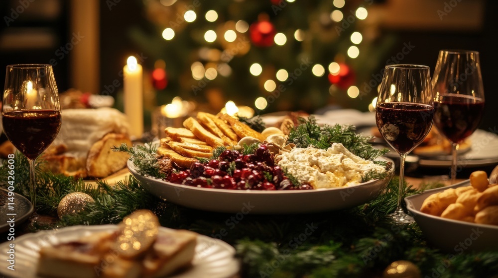 Festive Holiday Spread with Wine and Christmas Tree Decorations Festive Holiday Spread with Wine and Christmas Tree Decorations