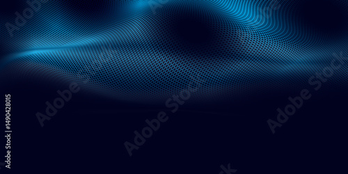 Abstract futuristic hexagon wave with moving dots. Flow of particles. Cyber technology with hexagon pattern. 