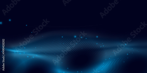 Abstract futuristic hexagon wave with moving dots. Flow of particles. Cyber technology with hexagon pattern. 