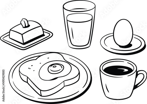 Simple breakfast still life with toast,egg,coffee,butter,and glass of milk