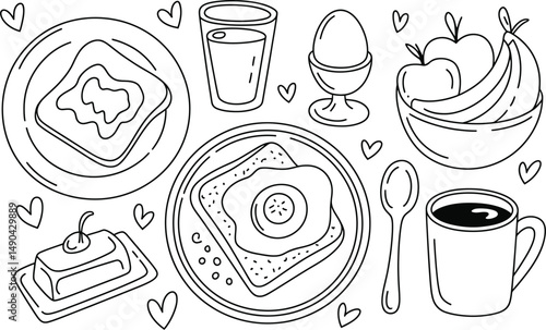 Delicious breakfast doodle with toast egg coffee fruit and affectionate hearts