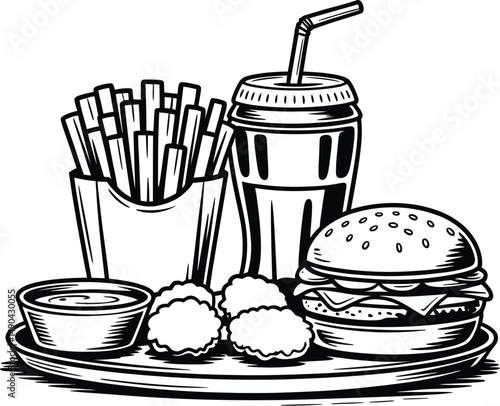 Black and white graphic illustration of a fast food meal set