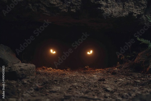 Glowing eyes peer from a dark cave.